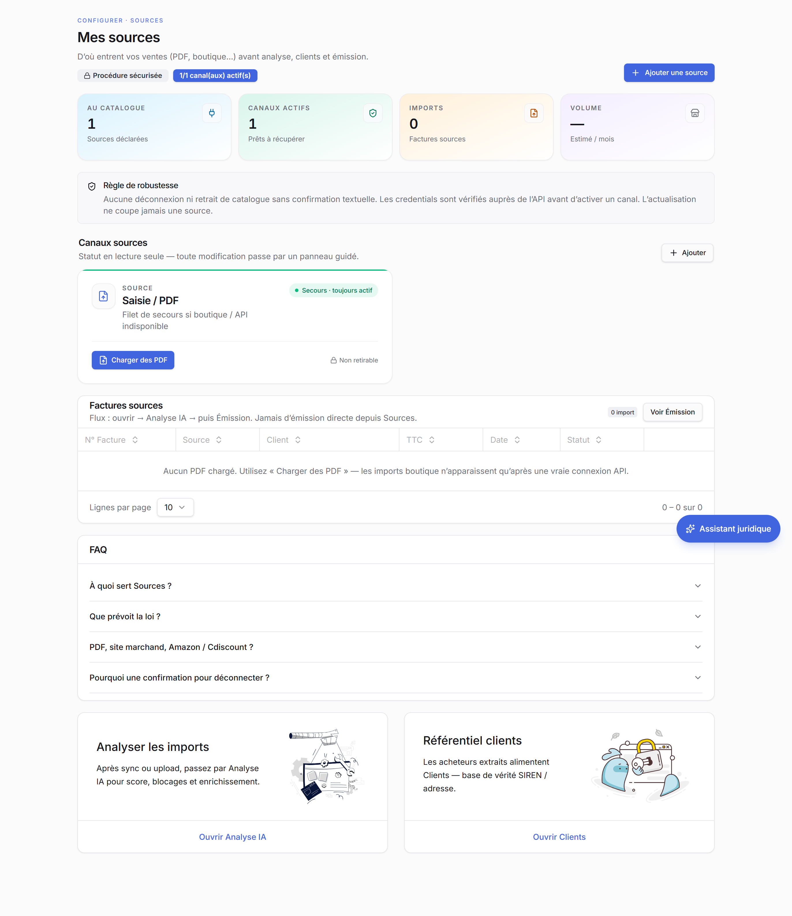 Page Mes sources — intégrations et import